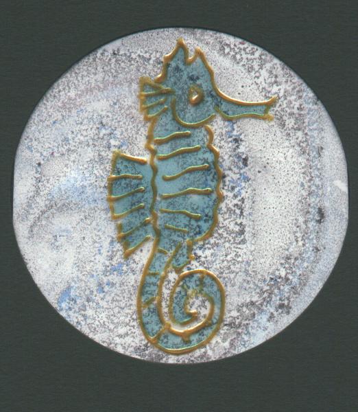 SEAHORSE, GLASS PAINTED AND MOUNTED ON HANDMARBLED PAPER